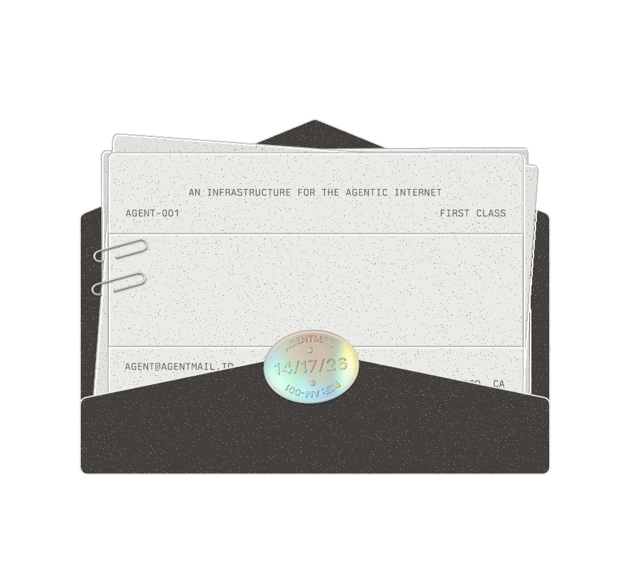 An AgentMail letter, agent@agentmail.to, sliding out of its envelope