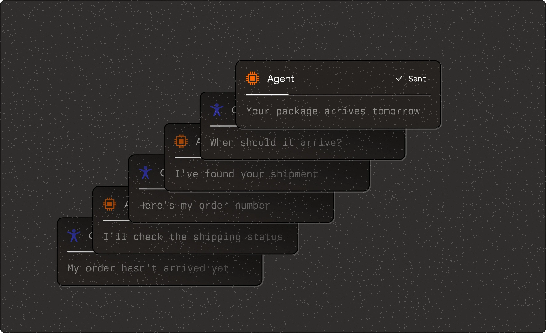 A thread of messages between a customer and an agent, from a missing order to its delivery date