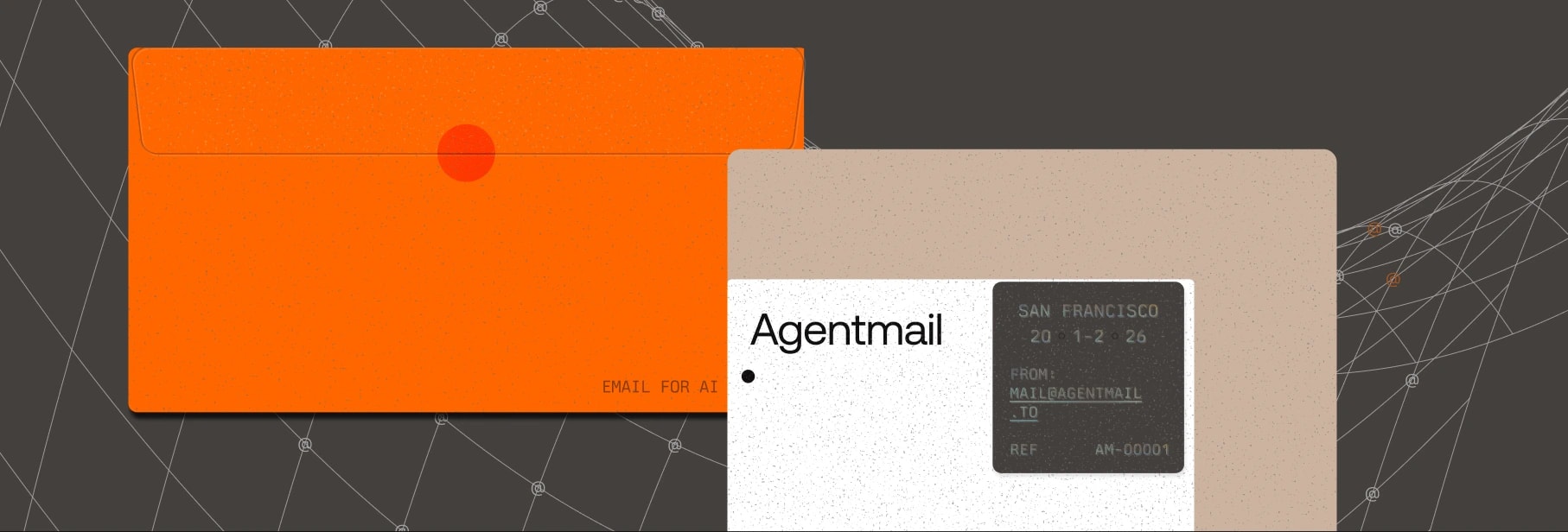 An orange AgentMail envelope and a cream business card over a lined grid