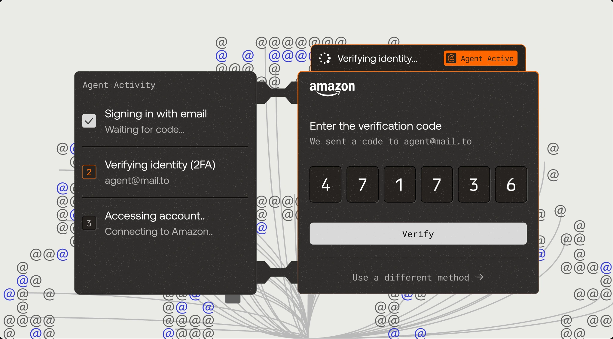An agent signs in with email, verifies its identity with a 2FA code sent to agent@mail.to and accesses an Amazon account