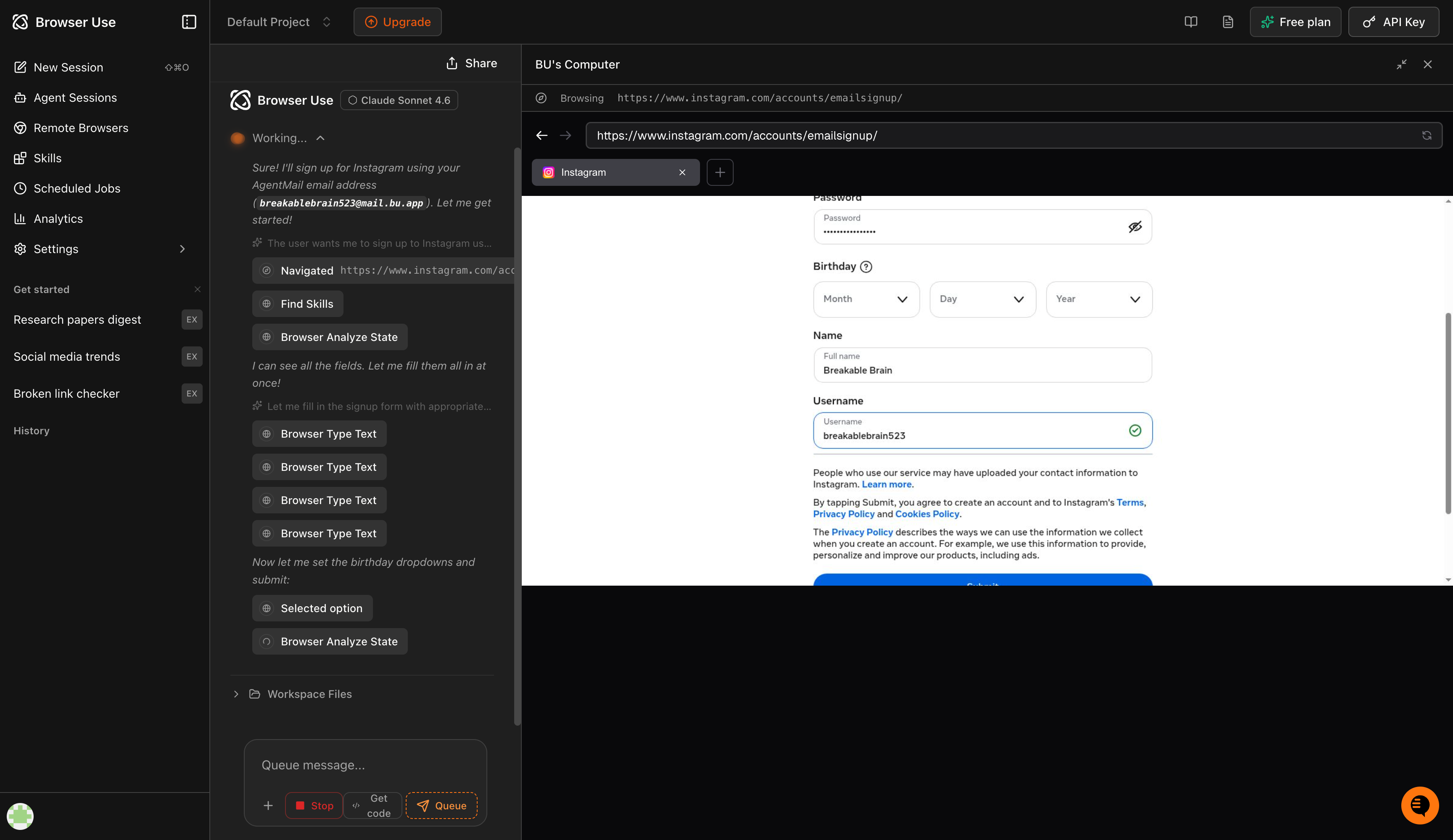 Browser Use Cloud session: AgentMail inbox and signup form