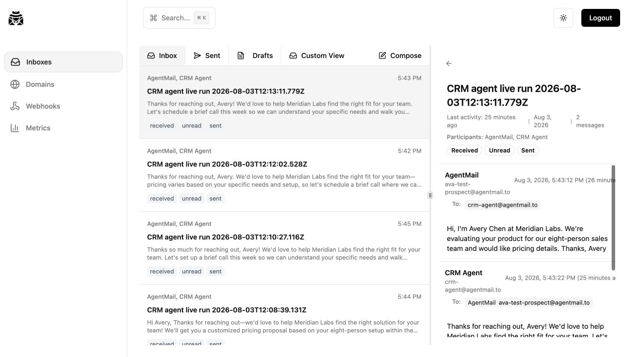 The successful buyer conversation in the AgentMail dashboard