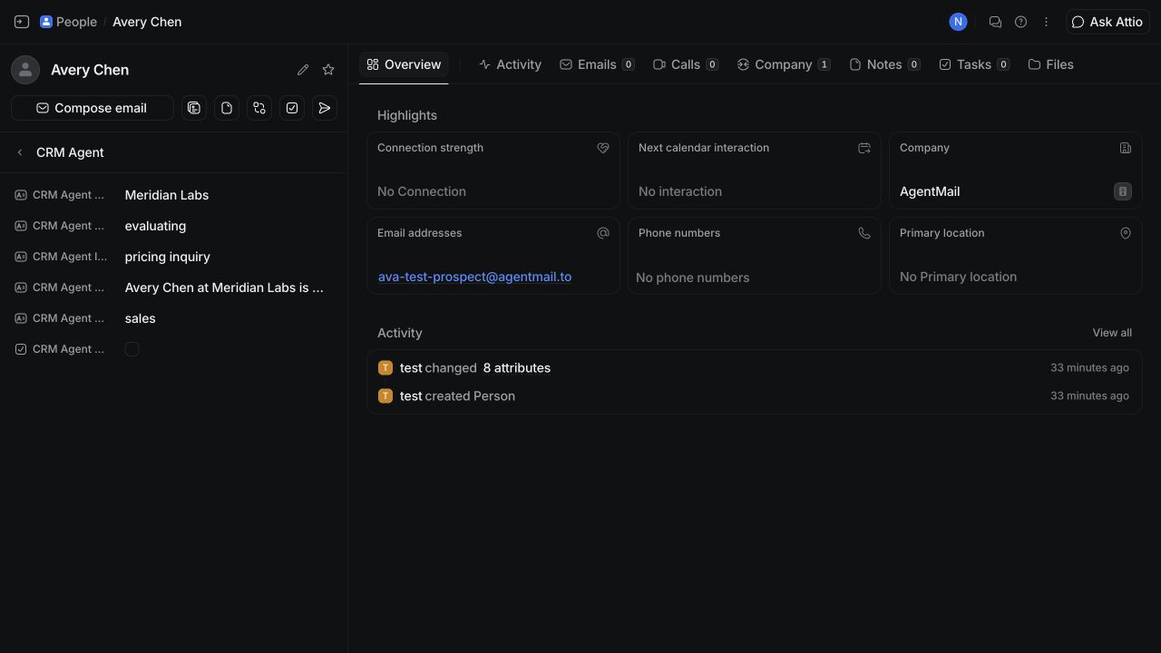 Avery Chen's updated Person record in the Attio dashboard