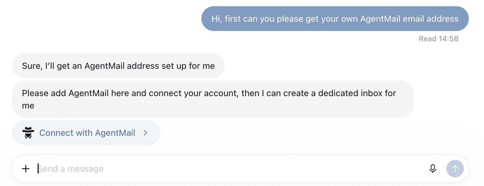 A dot conversation in ChatGPT: the user asks the dot to get its own AgentMail email address, the dot asks them to add AgentMail and connect their account, and a Connect with AgentMail button appears