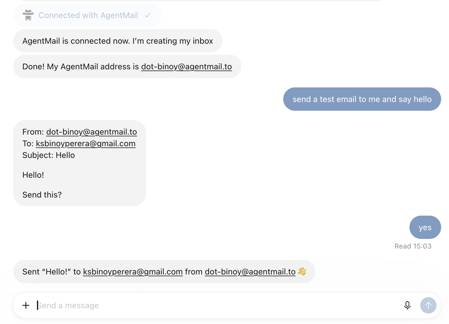 The dot confirms AgentMail is connected and its address is dot-binoy@agentmail.to, then shows a Hello test email draft, asks "Send this?", and confirms the send after the user says yes