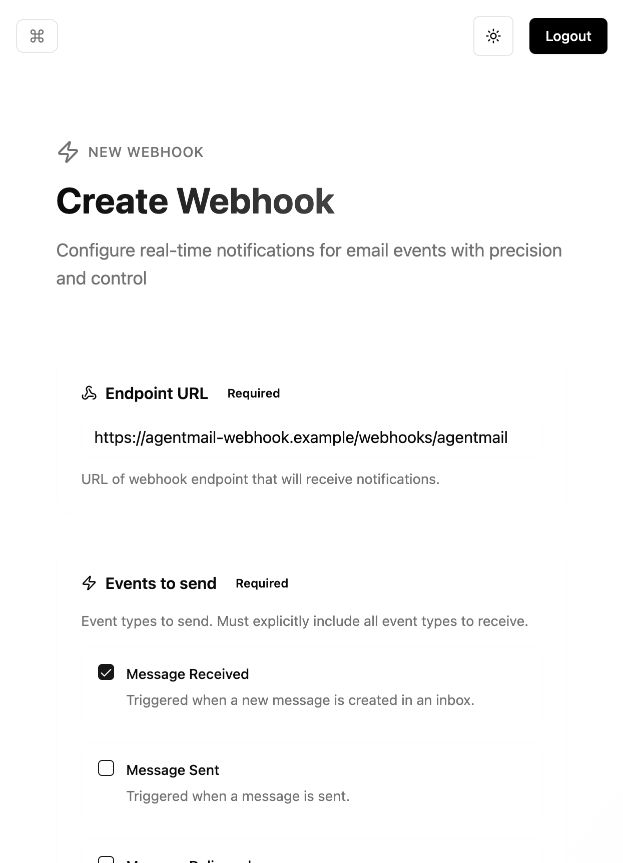 AgentMail Create Webhook form with an endpoint URL and Message Received selected