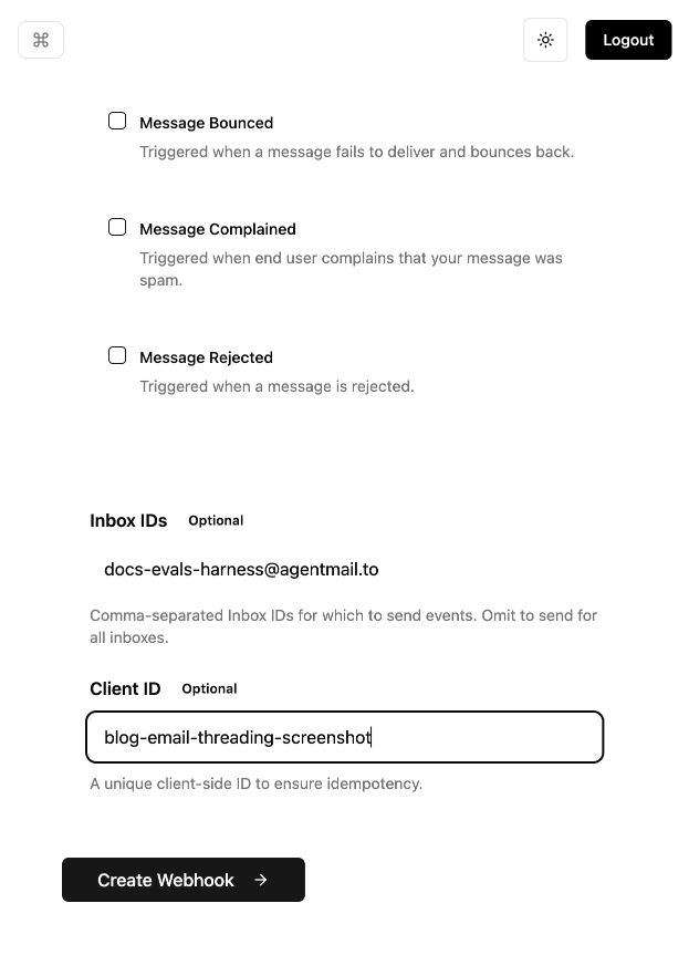 AgentMail Create Webhook form with an inbox scope and client ID