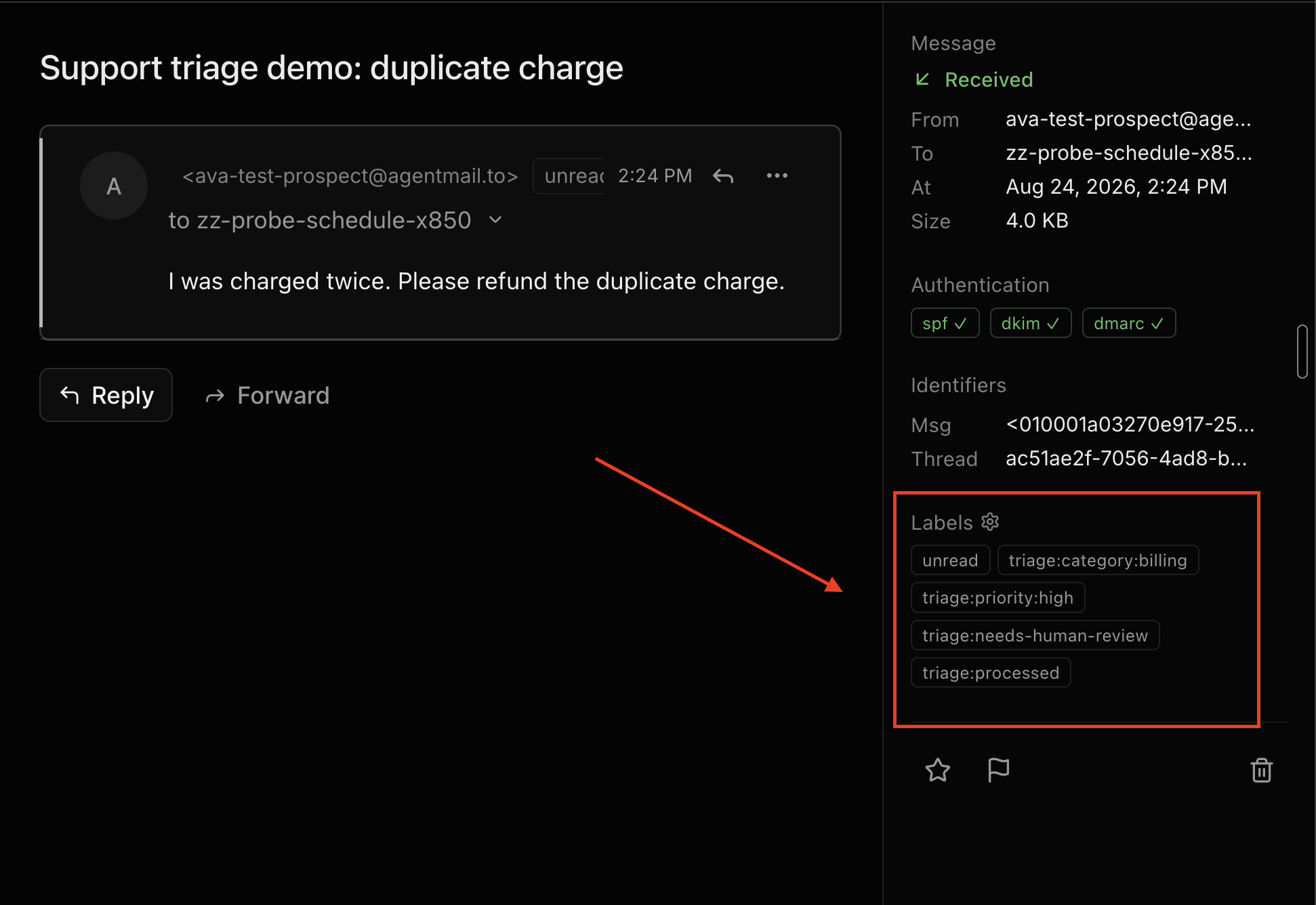 The billing request with high-priority and human-review labels highlighted in AgentMail