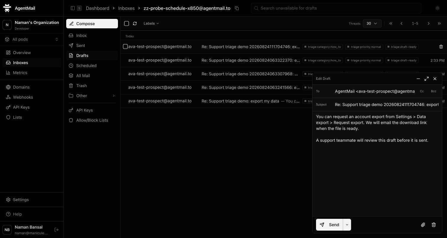 The approved account-export reply open in AgentMail's draft composer