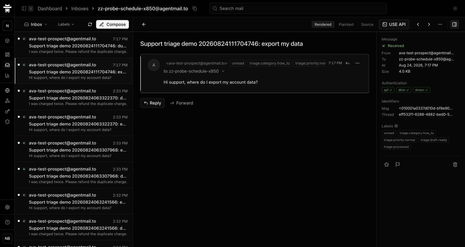 The two support messages in the AgentMail inbox