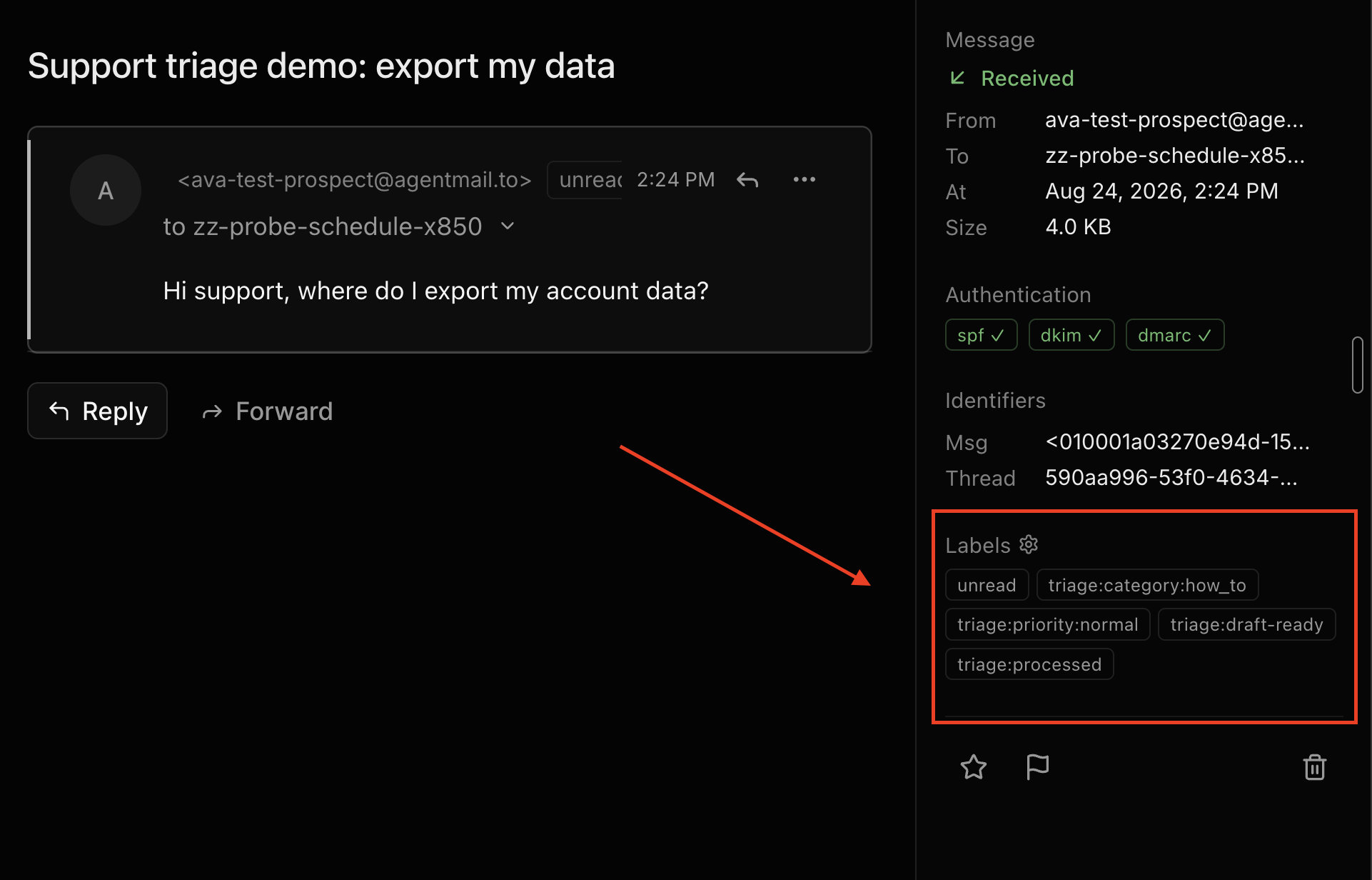 The routine question with its how-to, normal-priority, draft-ready, and processed labels highlighted in AgentMail