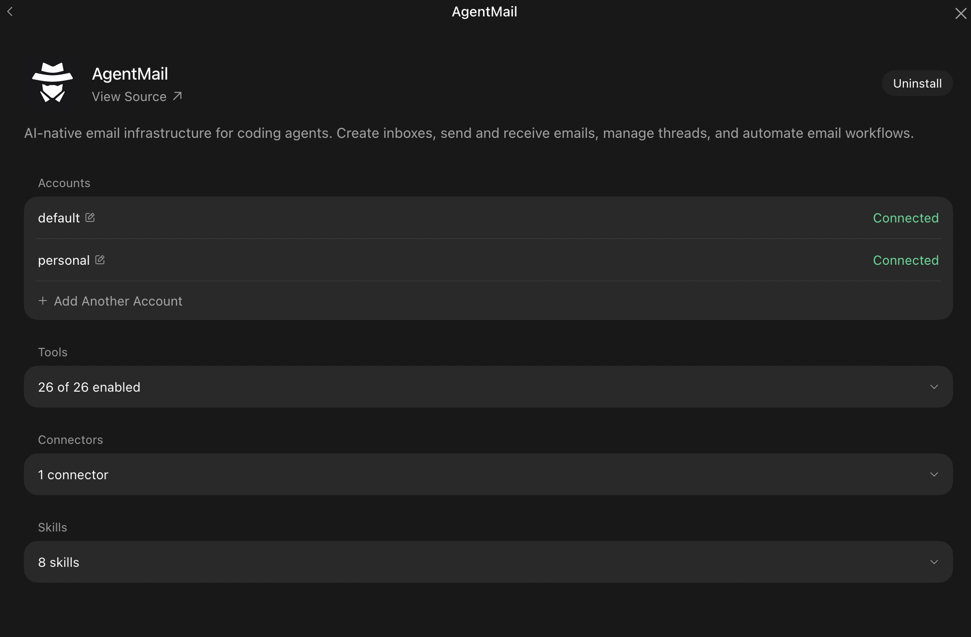 The AgentMail plugin inside Grok Bot's Settings, Plugins panel, showing connected accounts, the enabled email tools, connectors, and skills