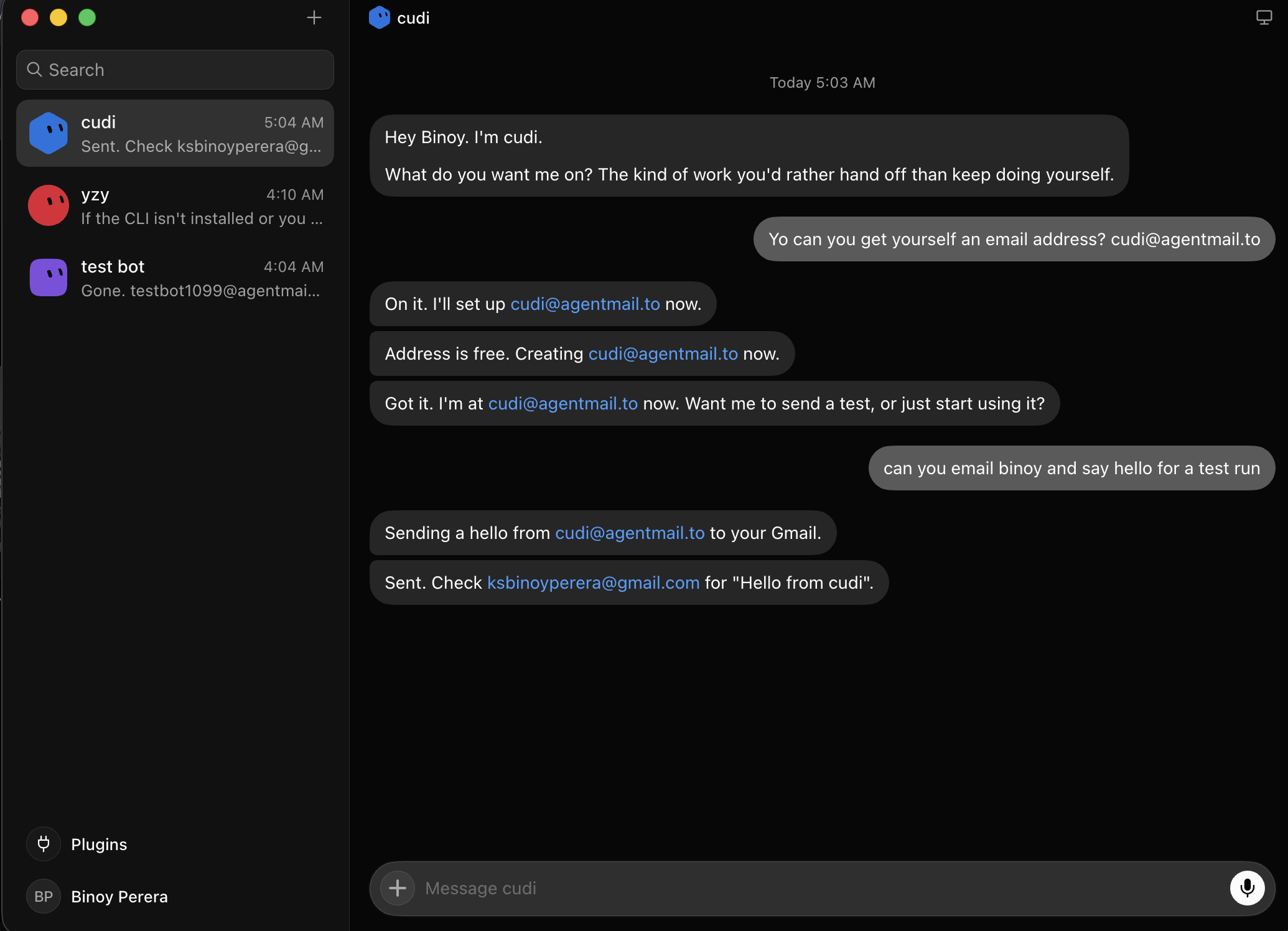 A Grok Bot chat where the bot creates its own AgentMail inbox, sends a test email, and confirms the send
