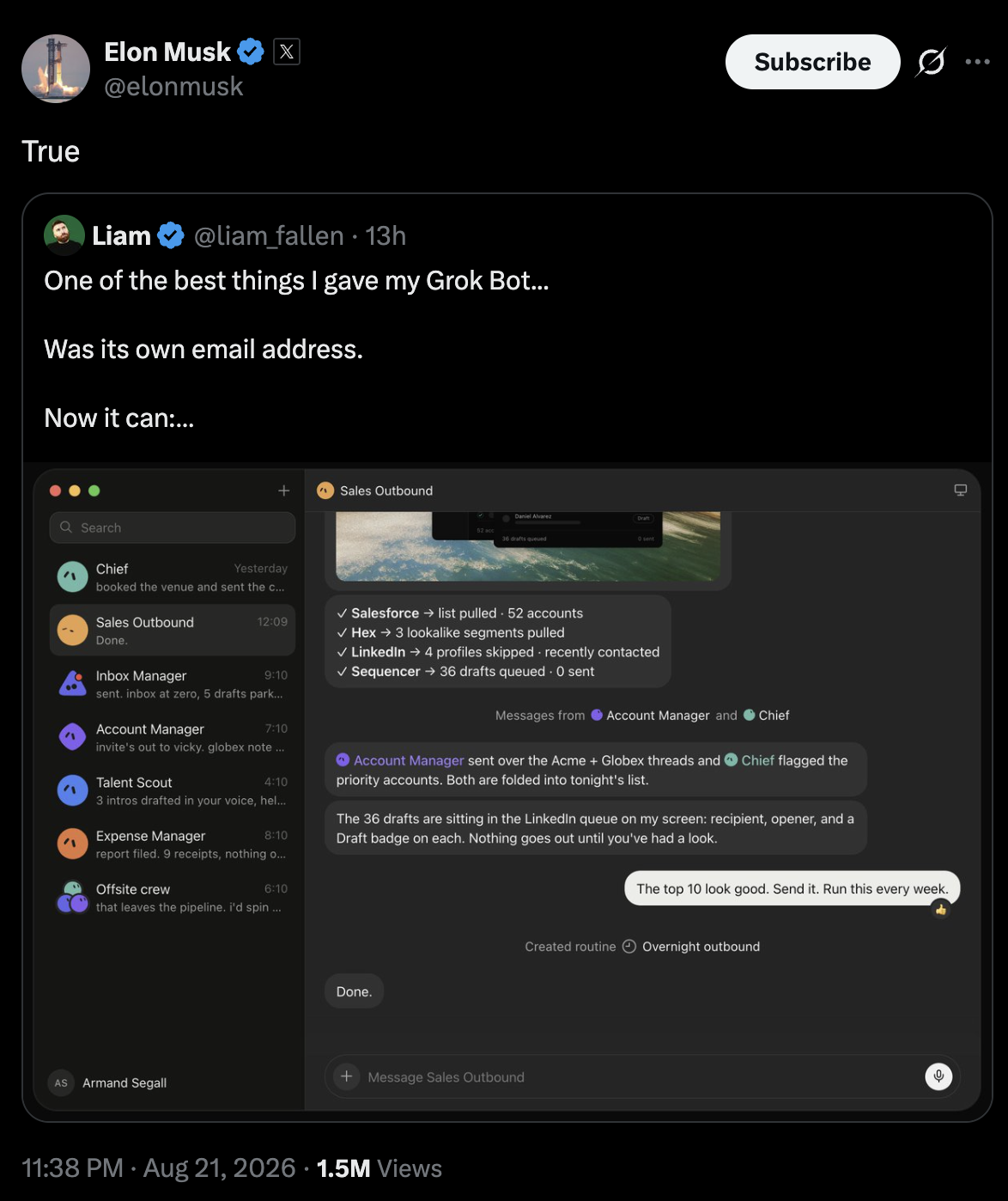 Elon Musk quote-tweeting the post about giving a Grok Bot its own email address, with the original post visible below it