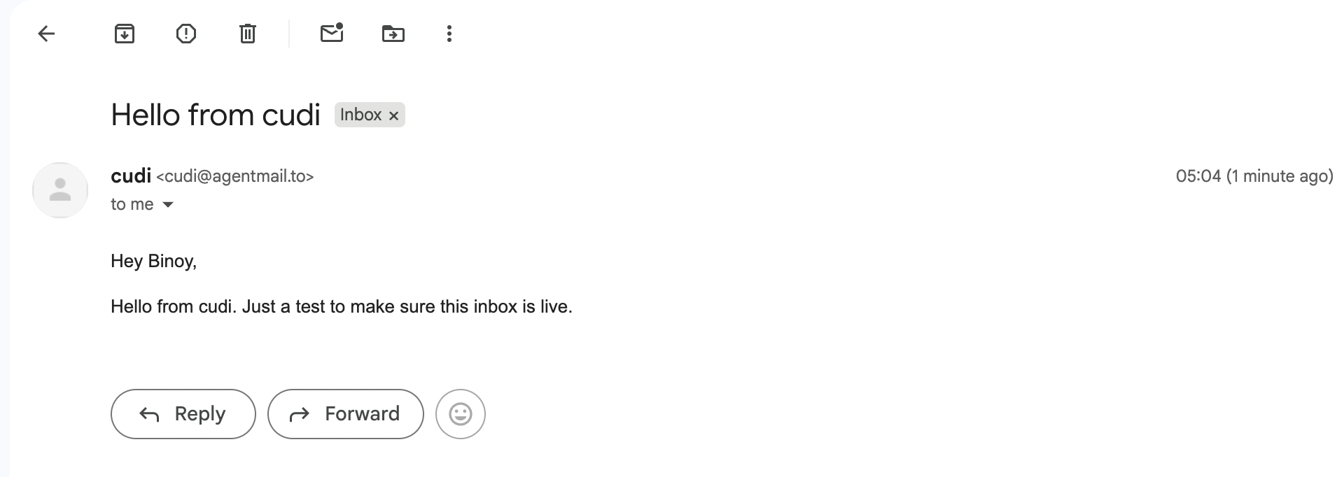 Gmail showing the email delivered from the bot's own AgentMail address