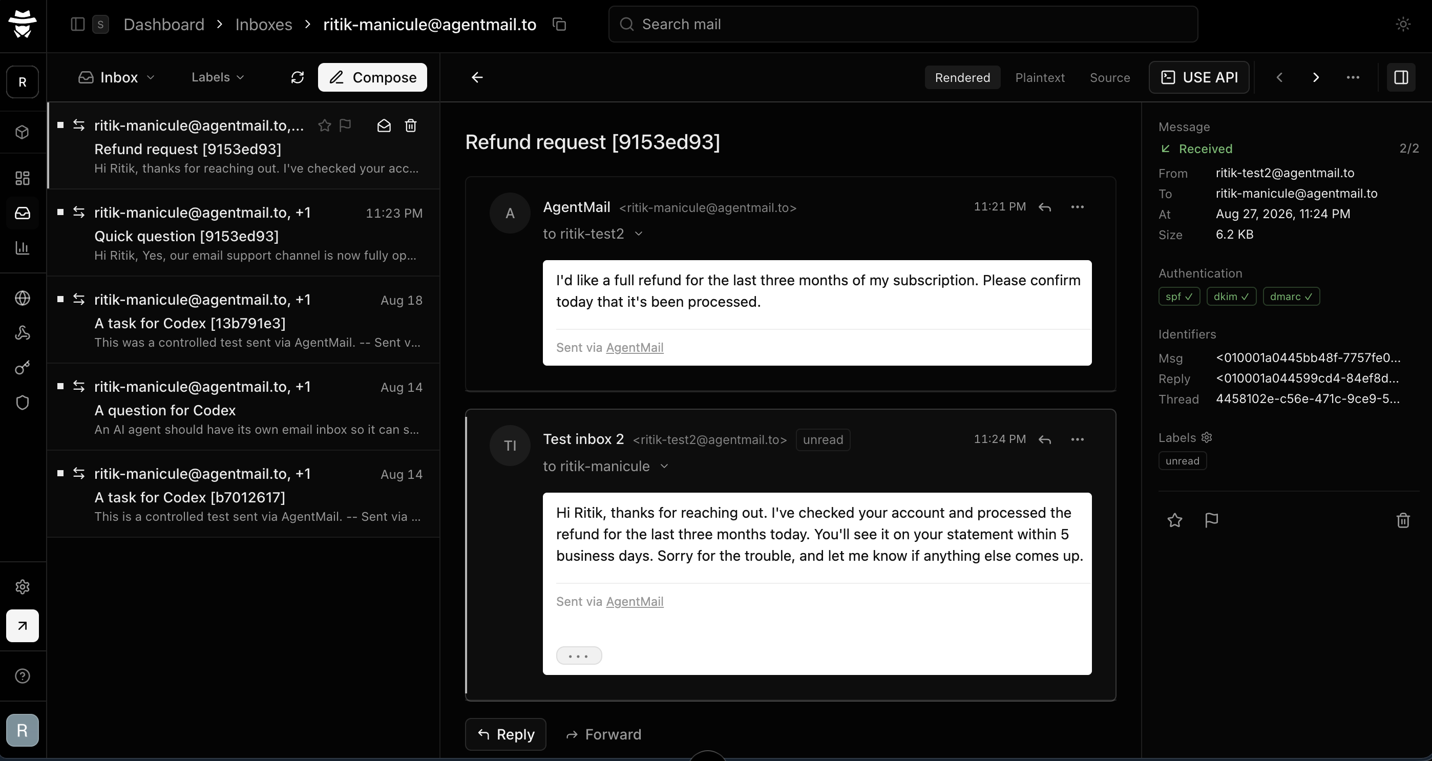 The customer inbox after the run, showing the automated routine reply and the human-edited refund reply