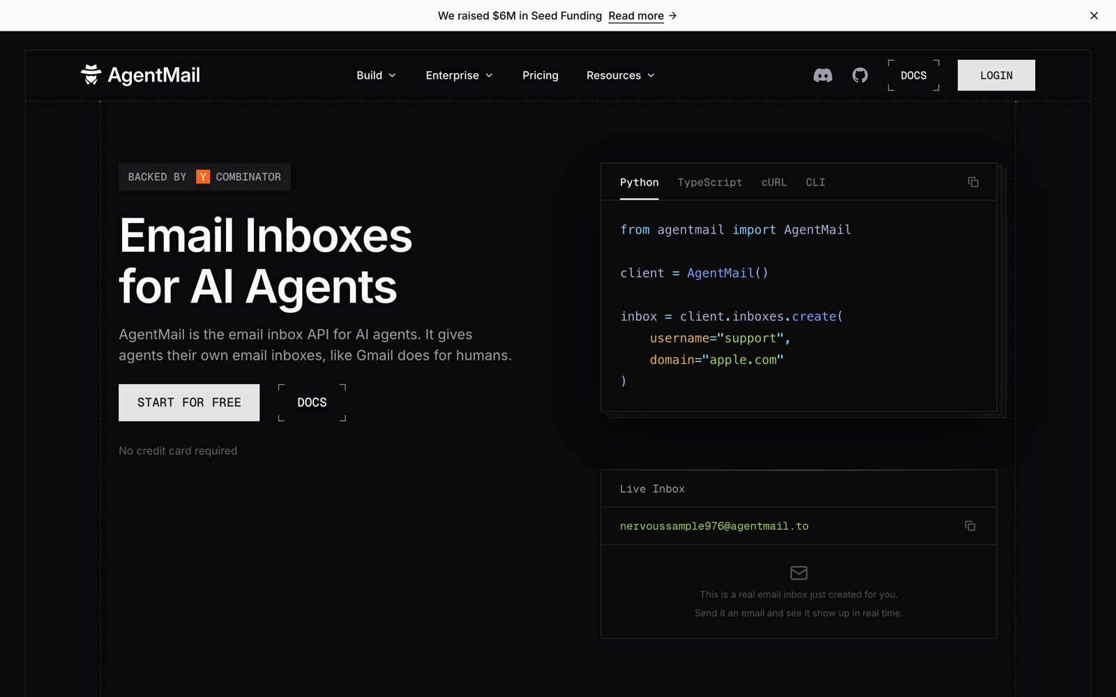 AgentMail homepage: "Email Inboxes for AI Agents," with a Python snippet creating an inbox and a live demo inbox address.