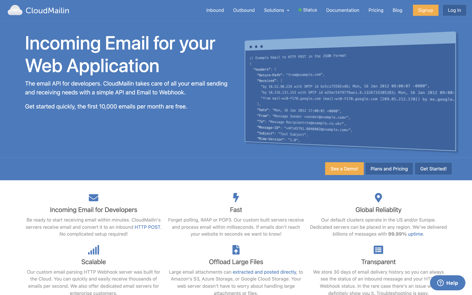 CloudMailin homepage: "Incoming Email for your Web Application," showing an example email-to-HTTP-POST JSON payload.