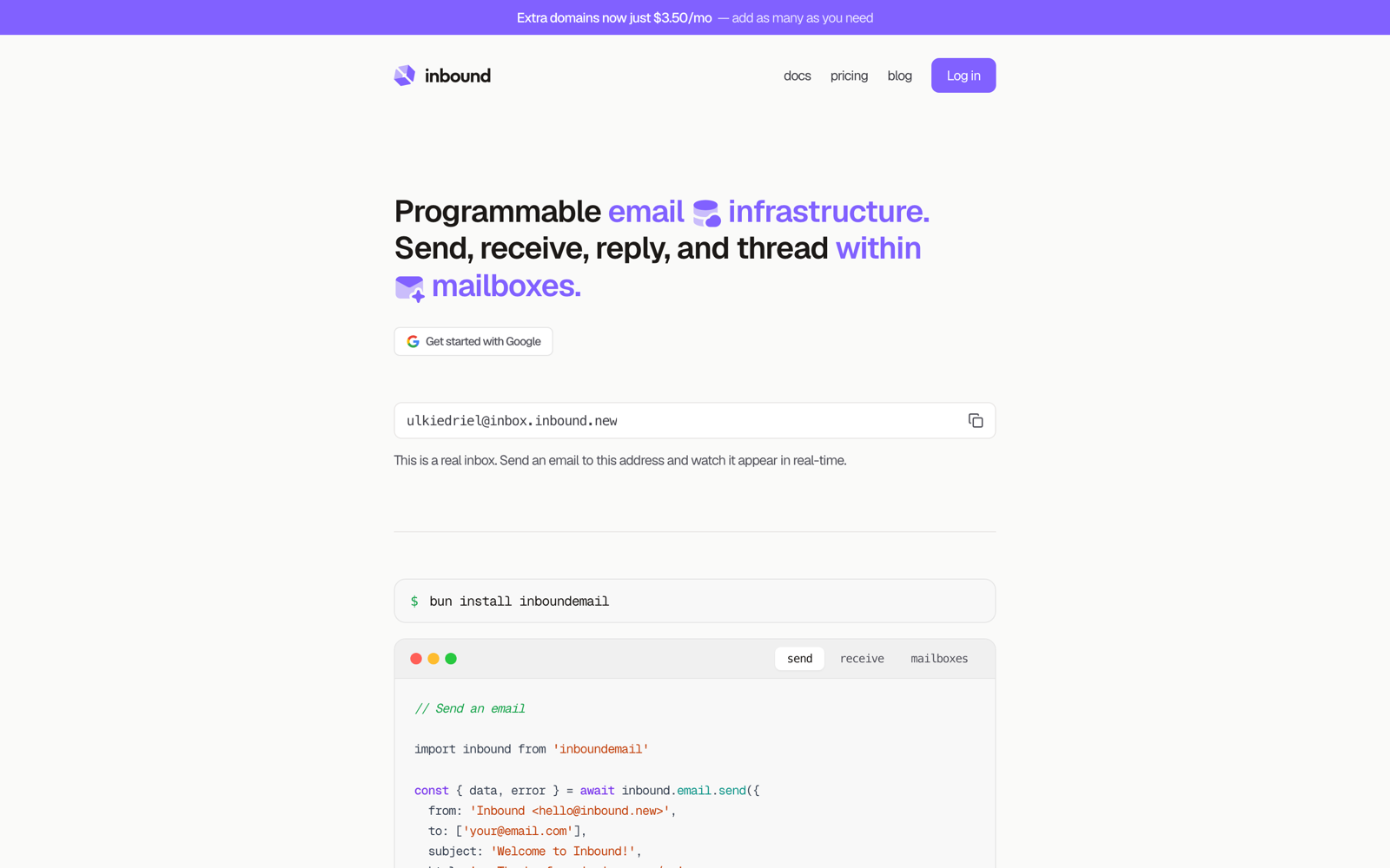 inbound.new homepage: "Programmable email infrastructure. Send, receive, reply, and thread within mailboxes," with a live demo inbox address and a send example.