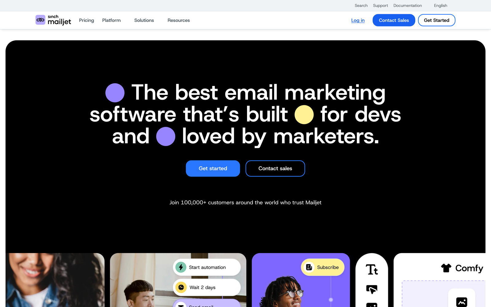 Mailjet homepage: "The best email marketing software that's built for devs and loved by marketers."