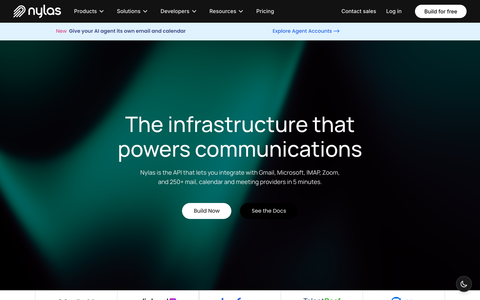 Nylas homepage: "The infrastructure that powers communications," with a banner promoting Agent Accounts.