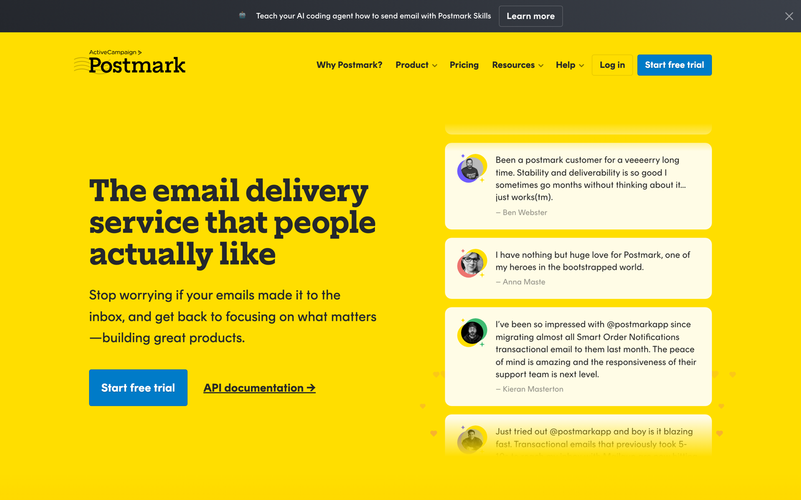 Postmark homepage: "The email delivery service that people actually like," alongside customer testimonials.