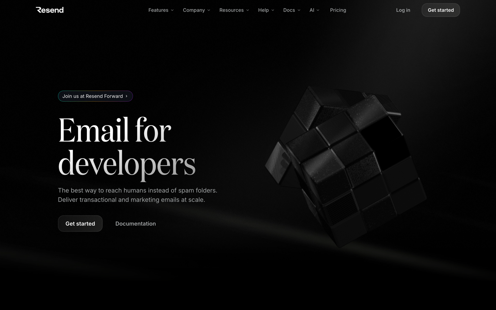 Resend homepage: "Email for developers," with Get started and Documentation actions.