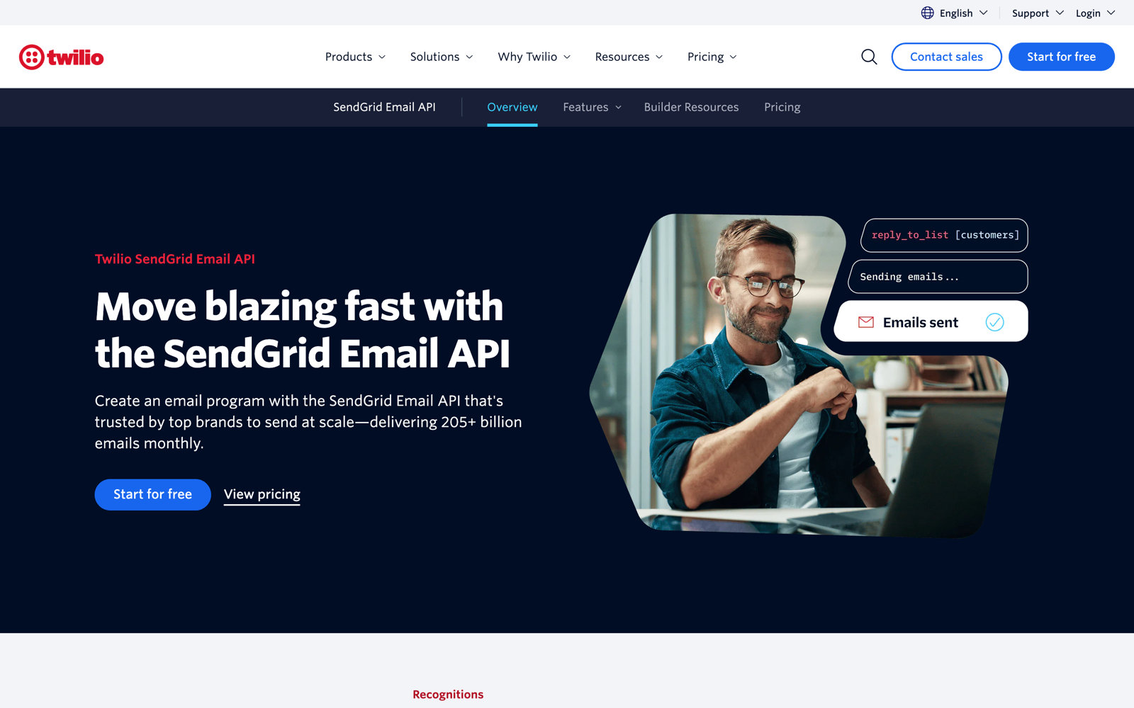 Twilio SendGrid Email API product page: "Move blazing fast with the SendGrid Email API."