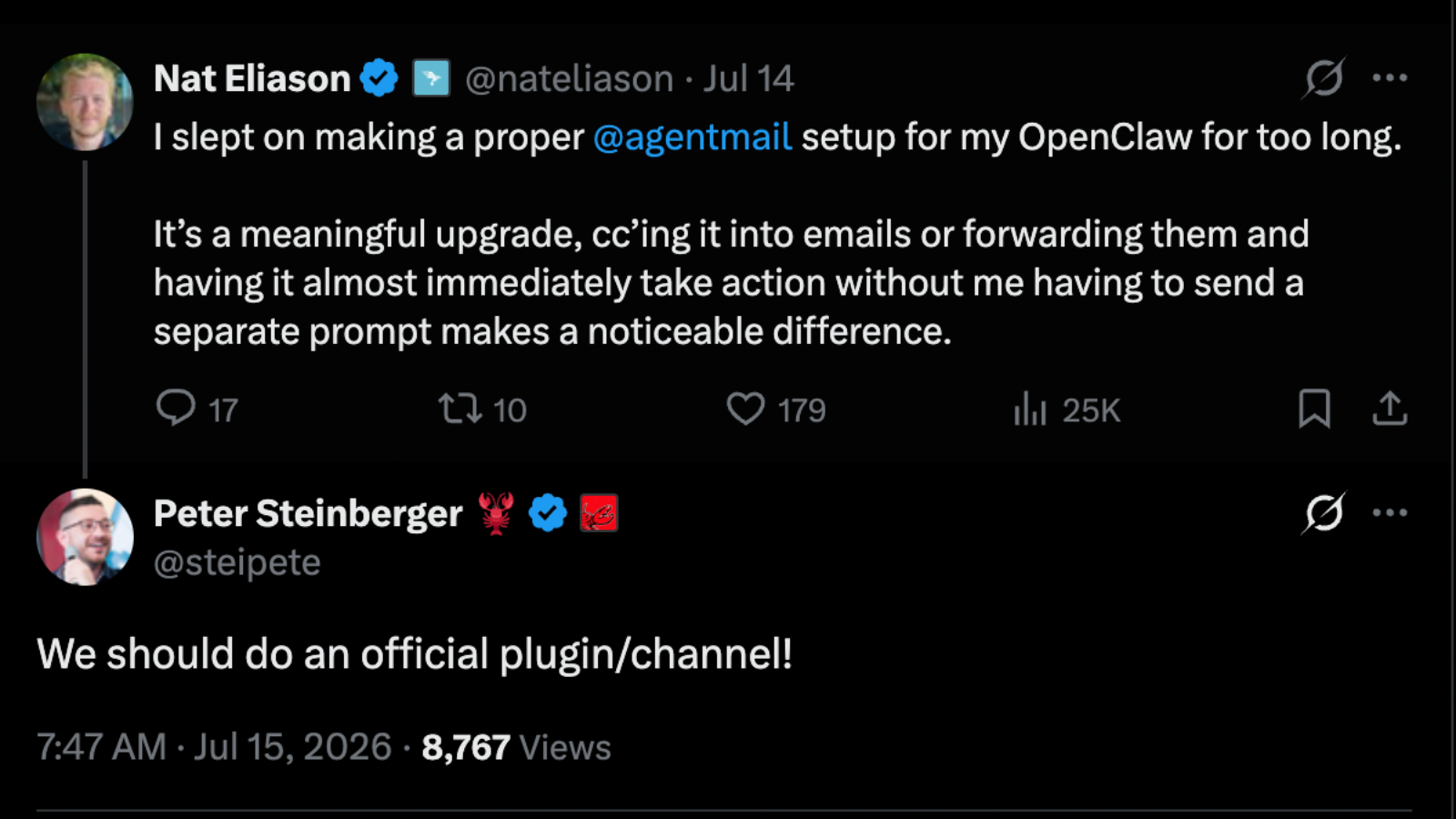 Nat Eliason describing his AgentMail setup for OpenClaw, and Peter Steinberger replying that there should be an official plugin and channel