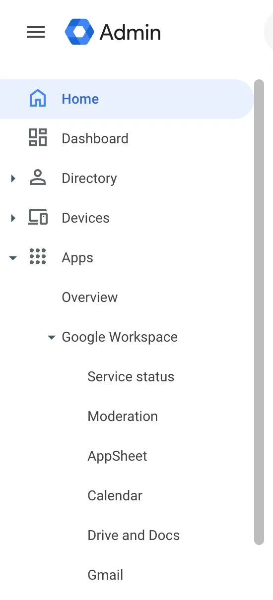 Google Workspace admin menu